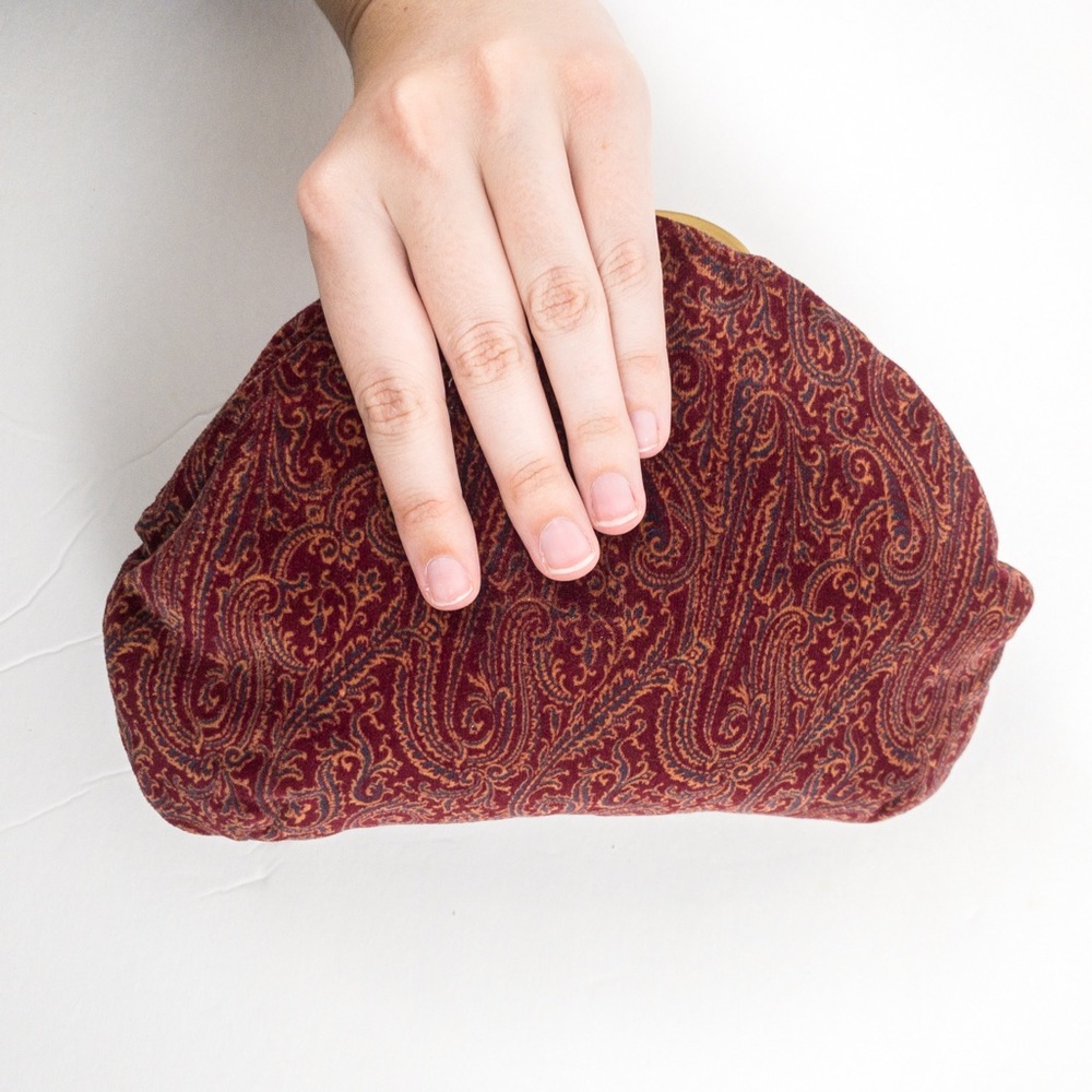 Vintage 70s Velvet Paisley Print Bag Purse Red - Picture 5 of 12